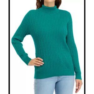 Pria Green/Teal Cable Knit Turtleneck Sweater 100% Cotton Womens Pullover XLarge